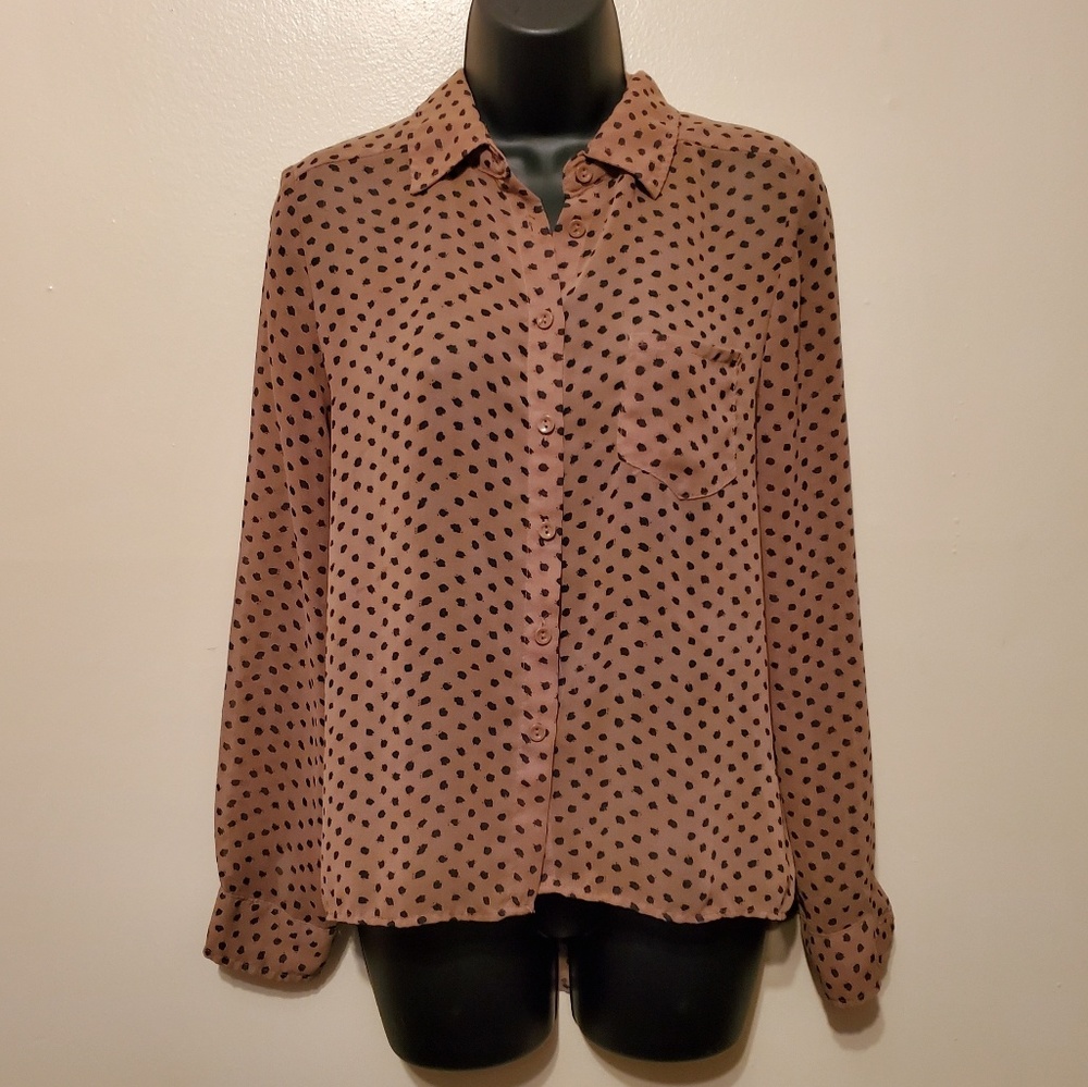 Sheer Tan and Black Button Up Blouse